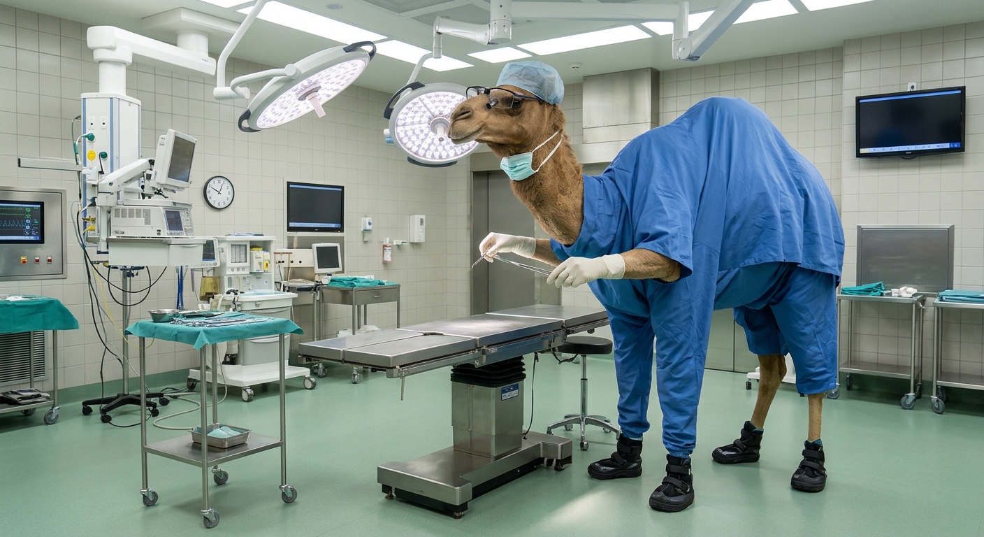 A camel in blue surgical scrubs, cap, mask and gloves, holding forceps over an operating table in a hospital theatre