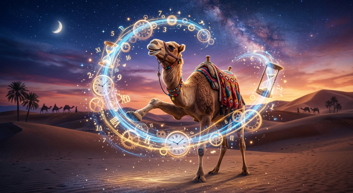A camel dancing in the desert at dusk, ringed by a swirl of clocks, hourglasses and numerals